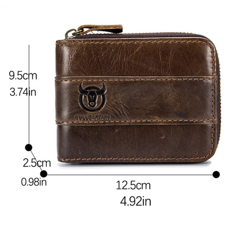 (image for) BULLCAPTAIN Genuine Leather Zipper Men Wallets Multi Card Slot ID Card Mini Holder Bags Bussiness Casual Coin Purse